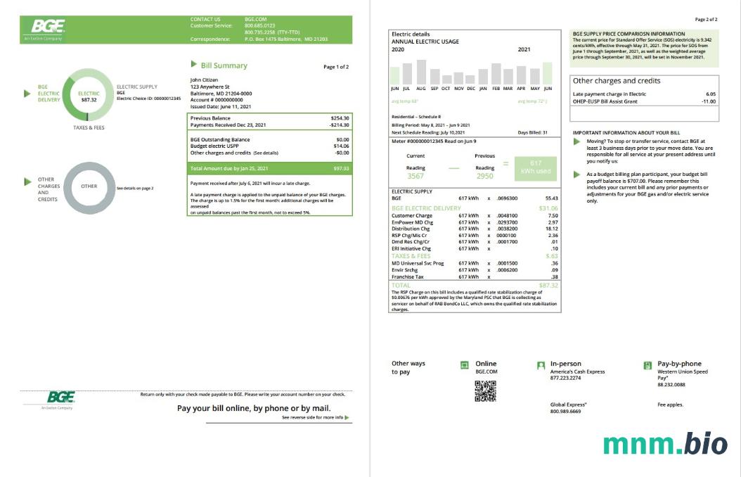 USA Maryland Baltimore Gas and Electric (BGE) szablon rachunku za media w formacie Word i PDF (2 strony)